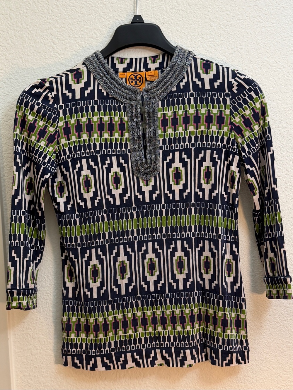 Tory Burch Navy, Green & Cream Geometric Long-Sleeve Top 100silk